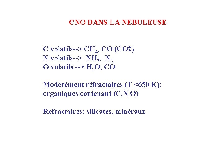 CNO DANS LA NEBULEUSE C volatils--> CH 4, CO (CO 2) N volatils--> NH