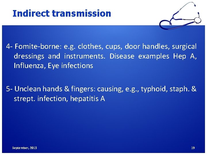 Indirect transmission 4 - Fomite-borne: e. g. clothes, cups, door handles, surgical dressings and