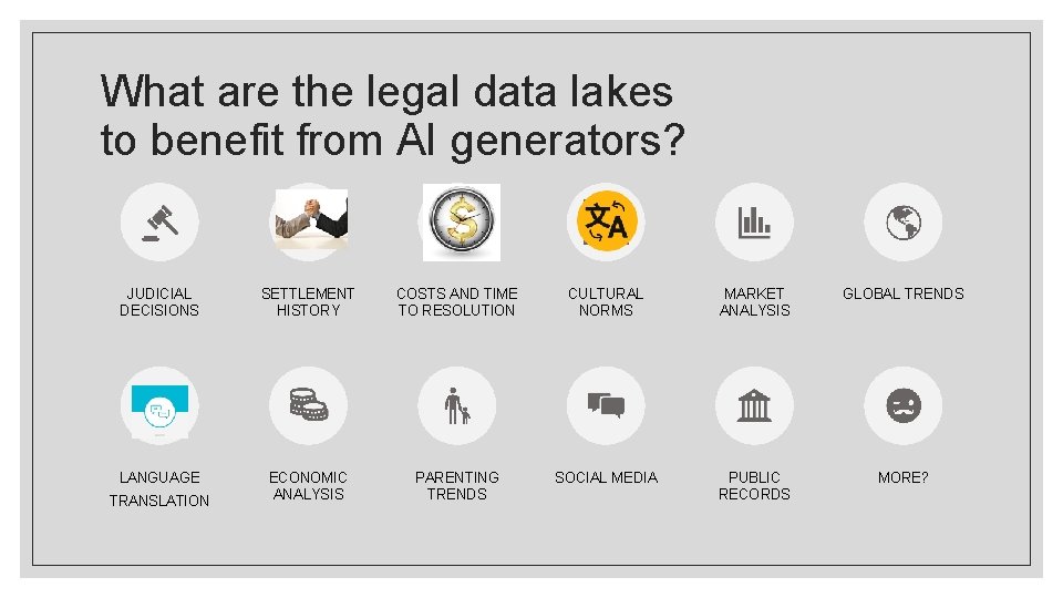 What are the legal data lakes to benefit from AI generators? JUDICIAL DECISIONS SETTLEMENT