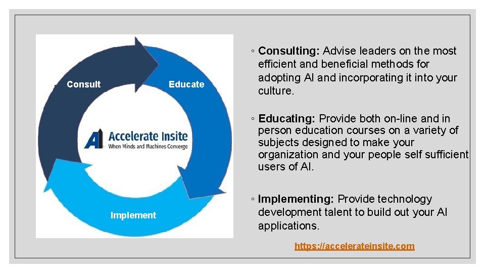 Educate Consult ◦ Consulting: Advise leaders on the most efficient and beneficial methods for