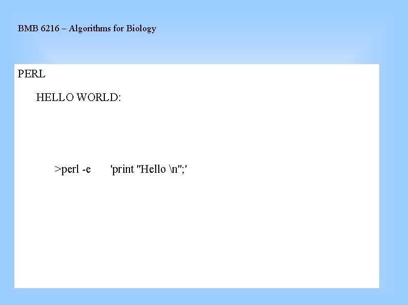 BMB 6216 – Algorithms for Biology PERL HELLO WORLD: >perl -e 'print ''Hello n'';
