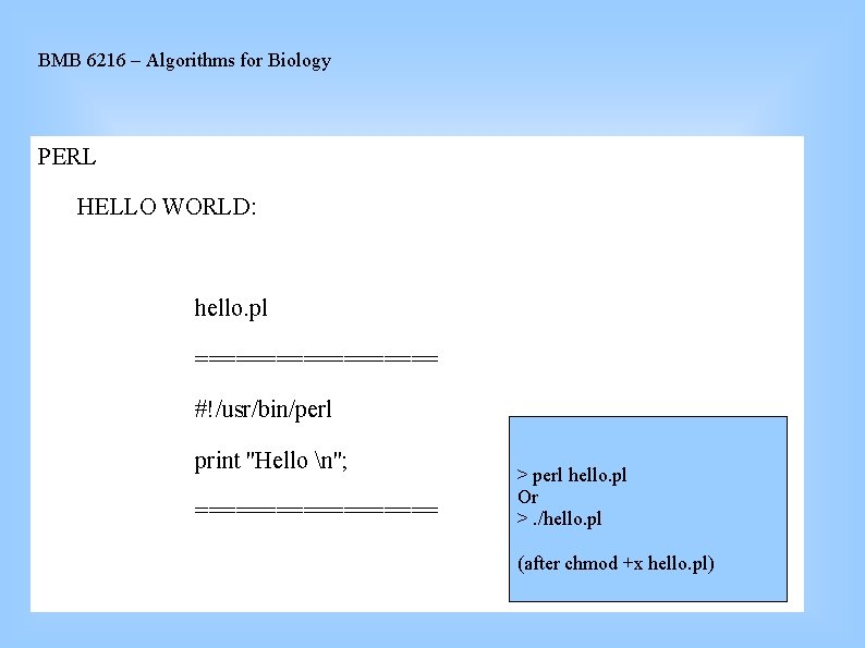 BMB 6216 – Algorithms for Biology PERL HELLO WORLD: hello. pl ========= #!/usr/bin/perl print
