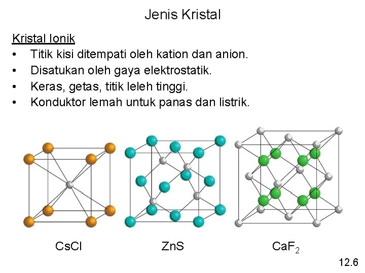 Jenis Kristal Ionik • Titik kisi ditempati oleh kation dan anion. • Disatukan oleh