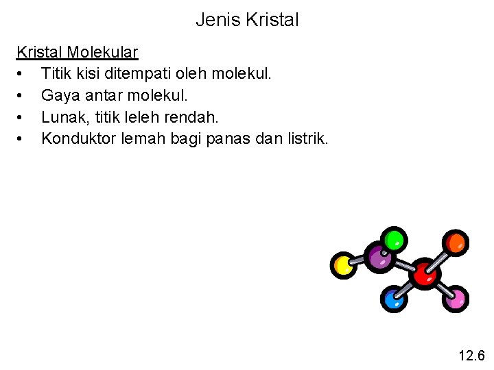 Jenis Kristal Molekular • Titik kisi ditempati oleh molekul. • Gaya antar molekul. •