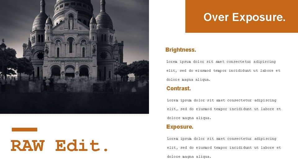 Over Exposure. Brightness. Lorem ipsum dolor sit amet consectetur adipiscing elit, sed do eiusmod