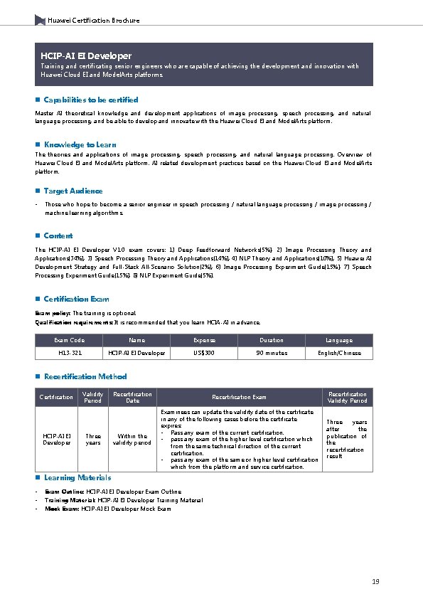 Huawei Certification Brochure HCIP-AI EI Developer Training and certificating senior engineers who are capable