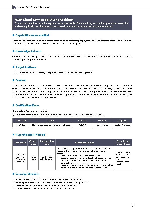 Huawei Certification Brochure HCIP-Cloud Service Solutions Architect Training and certificating senior engineers who are