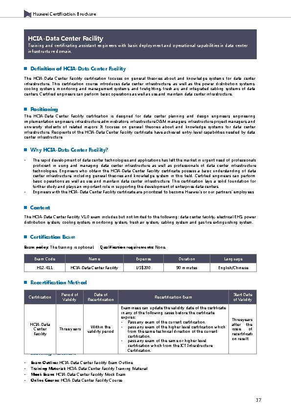 Huawei Certification Brochure HCIA-Data Center Facility Training and certificating assistant engineers with basic deployment