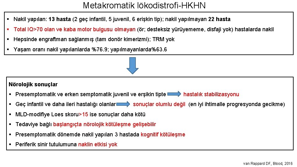 Metakromatik lökodistrofi-HKHN § Nakil yapılan: 13 hasta (2 geç infantil, 5 juvenil, 6 erişkin