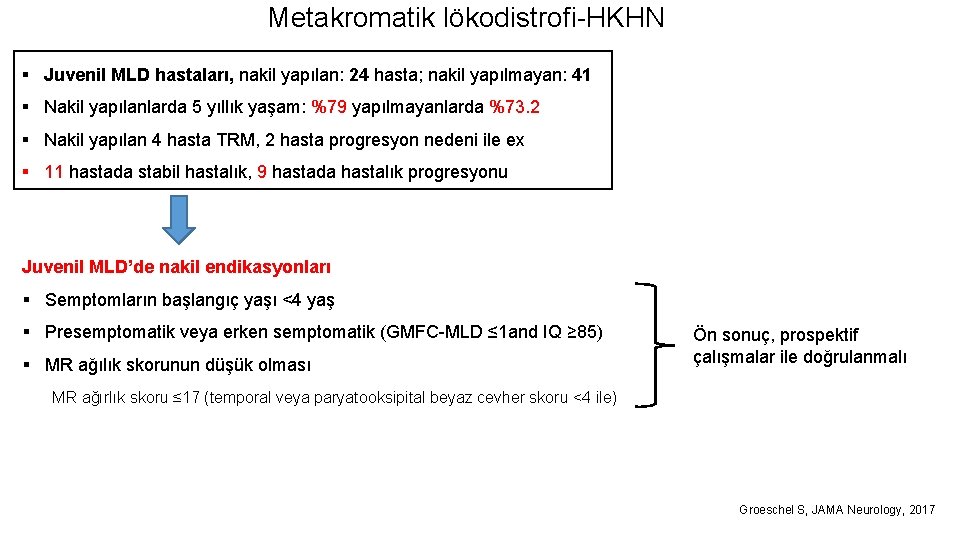 Metakromatik lökodistrofi-HKHN § Juvenil MLD hastaları, nakil yapılan: 24 hasta; nakil yapılmayan: 41 §