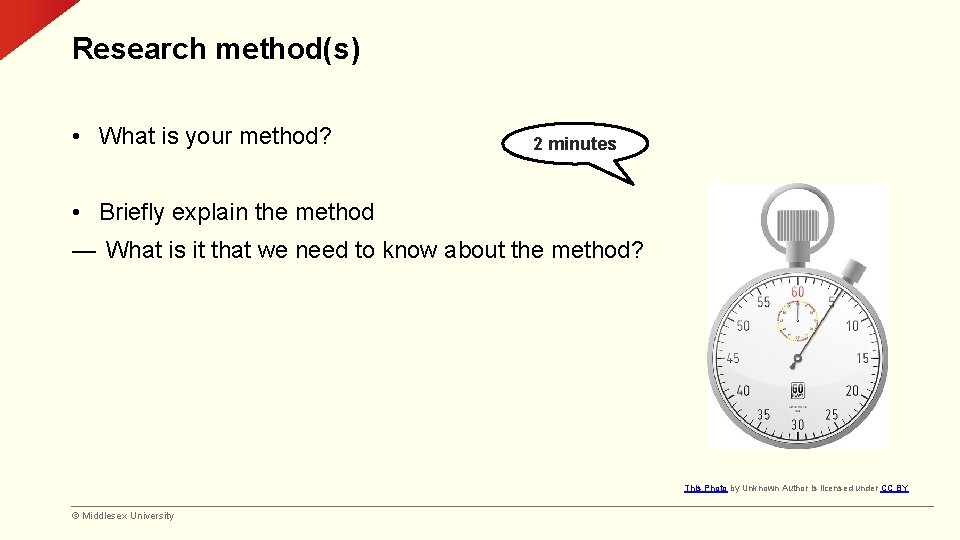 Research method(s) • What is your method? 2 minutes • Briefly explain the method
