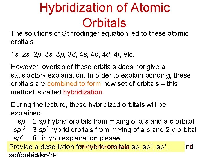 Hybridization of Atomic Orbitals The solutions of Schrodinger equation led to these atomic orbitals.