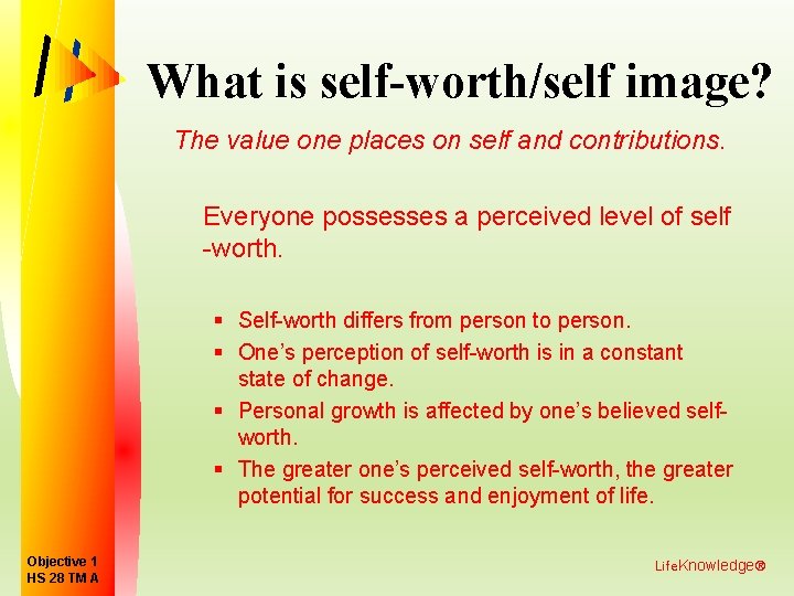 What is self-worth/self image? The value one places on self and contributions. Everyone possesses