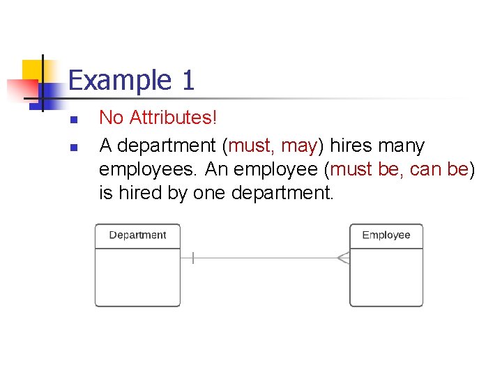 Part # 2 Example 1 n n No Attributes! A department (must, may) hires