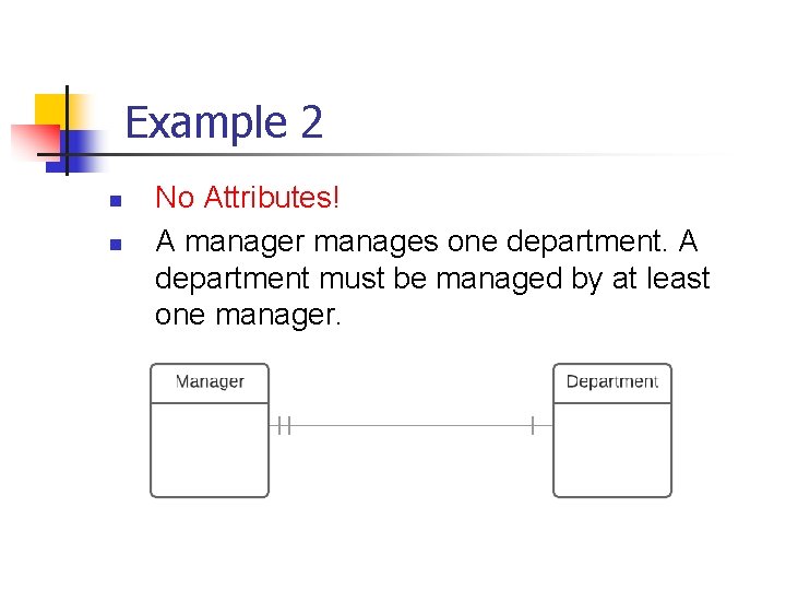 Part # 2 Example 2 n n No Attributes! A manager manages one department.