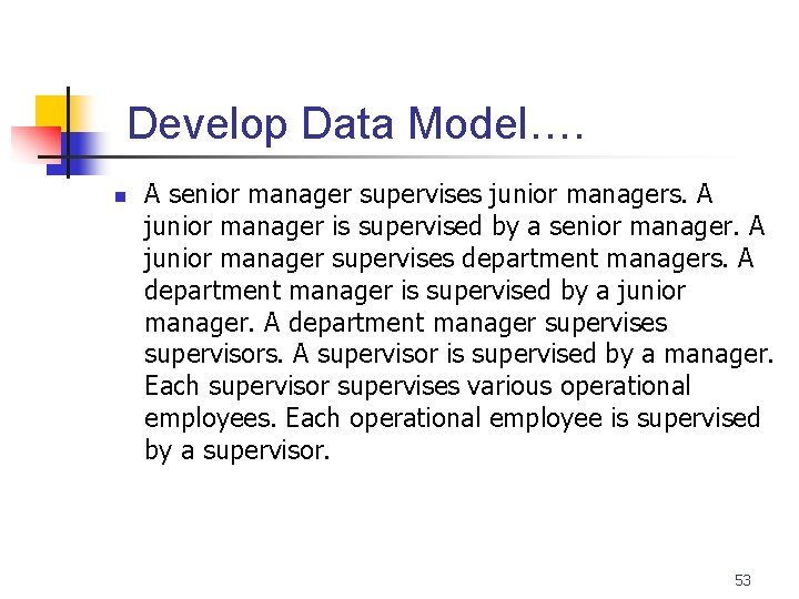 Part # 2 Develop Data Model…. n A senior manager supervises junior managers. A