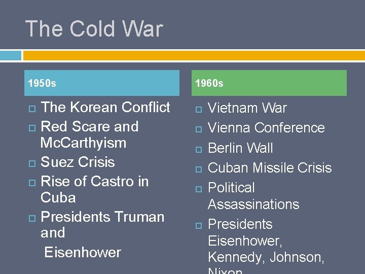 The Cold War 1950 s The Korean Conflict Red Scare and Mc. Carthyism Suez