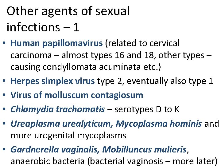 Other agents of sexual infections – 1 • Human papillomavirus (related to cervical carcinoma