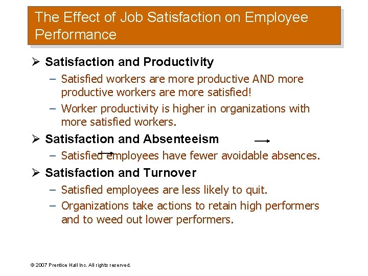 The Effect of Job Satisfaction on Employee Performance Ø Satisfaction and Productivity – Satisfied