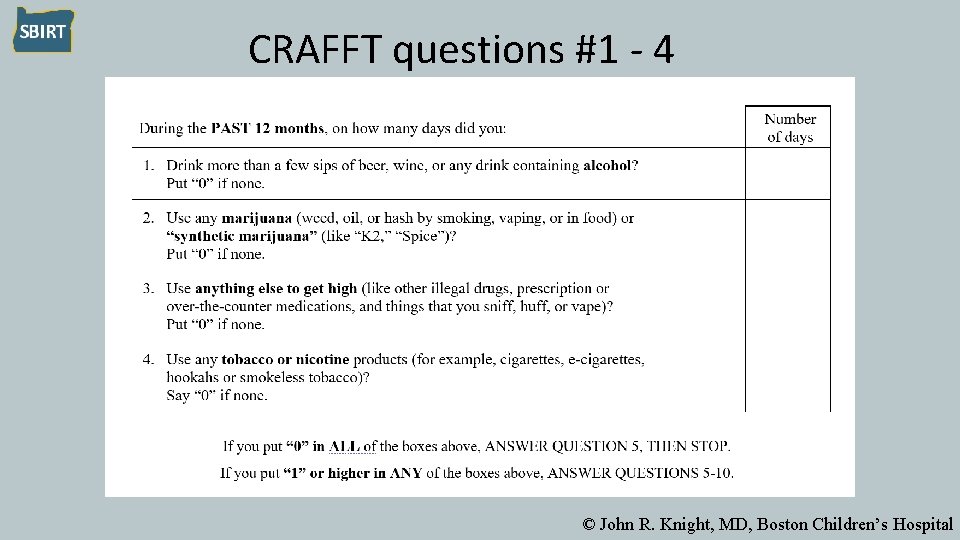CRAFFT questions #1 - 4 © John R. Knight, MD, Boston Children’s Hospital 