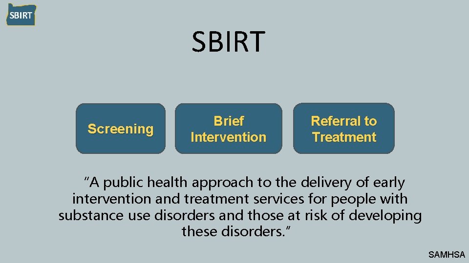 SBIRT Screening Brief Intervention Referral to Treatment “A public health approach to the delivery