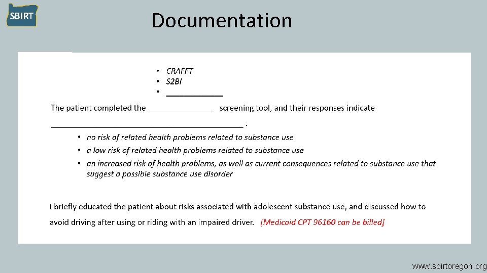 Documentation www. sbirtoregon. org 