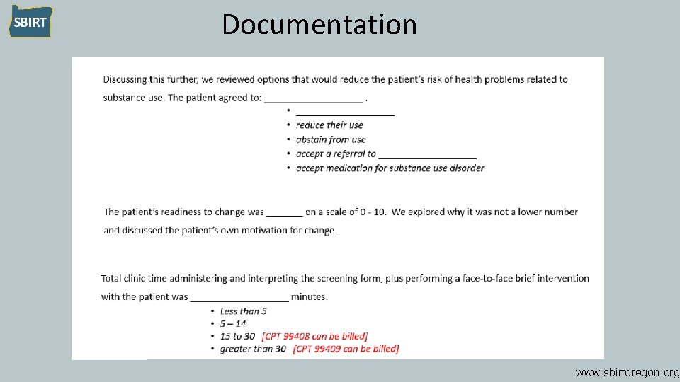 Documentation www. sbirtoregon. org 