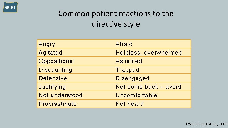 Common patient reactions to the directive style Angry Agitated Oppositional Discounting Afraid Helpless, overwhelmed