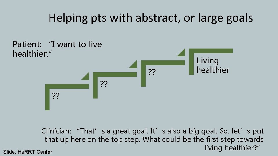 Helping pts with abstract, or large goals Patient: “I want to live healthier. ”