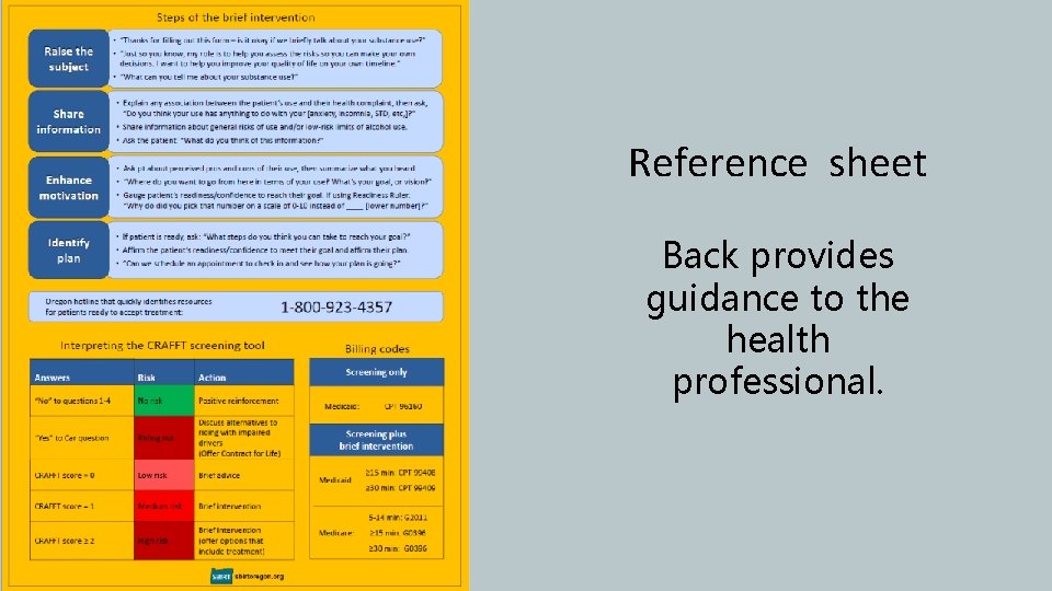 Reference sheet Back provides guidance to the health professional. 