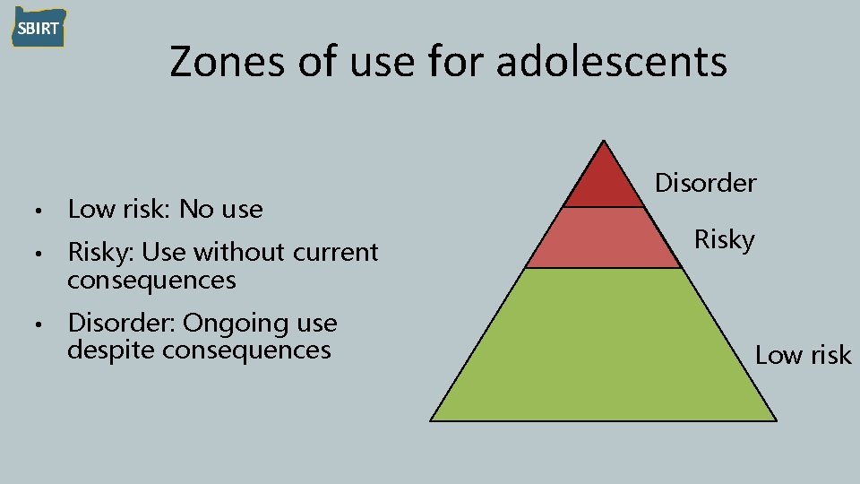 Zones of use for adolescents • Low risk: No use • Risky: Use without