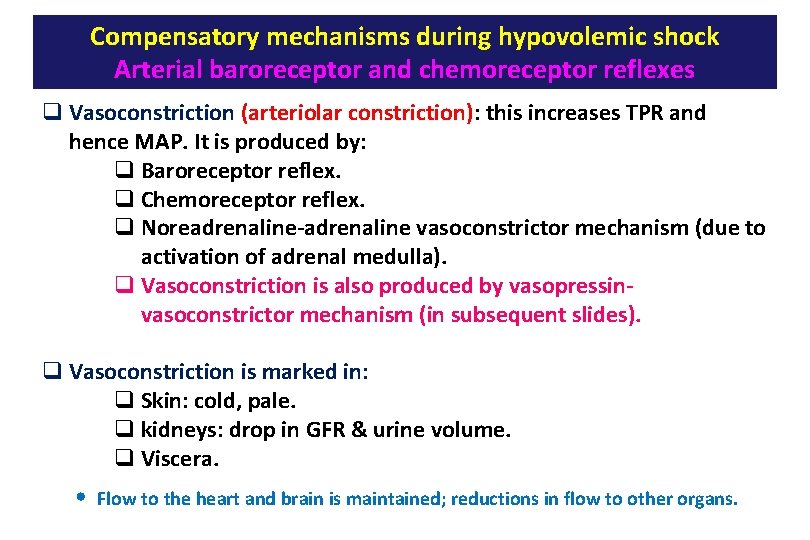 Compensatory mechanisms during hypovolemic shock Arterial baroreceptor and chemoreceptor reflexes q Vasoconstriction (arteriolar constriction):