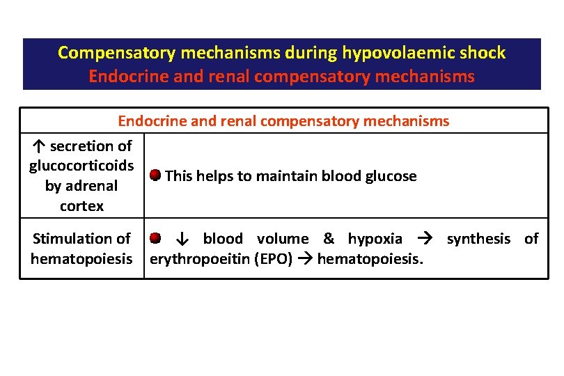 Compensatory mechanisms during hypovolaemic shock Endocrine and renal compensatory mechanisms ↑ secretion of glucocorticoids