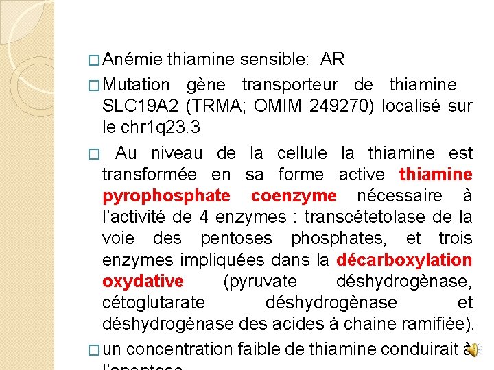 � Anémie thiamine sensible: AR � Mutation gène transporteur de thiamine SLC 19 A