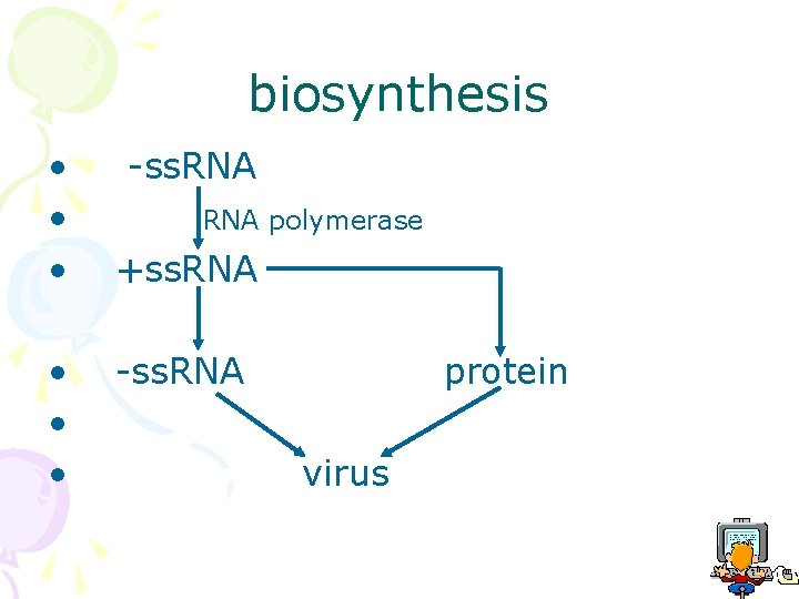 biosynthesis • • • -ss. RNA polymerase +ss. RNA -ss. RNA protein virus 