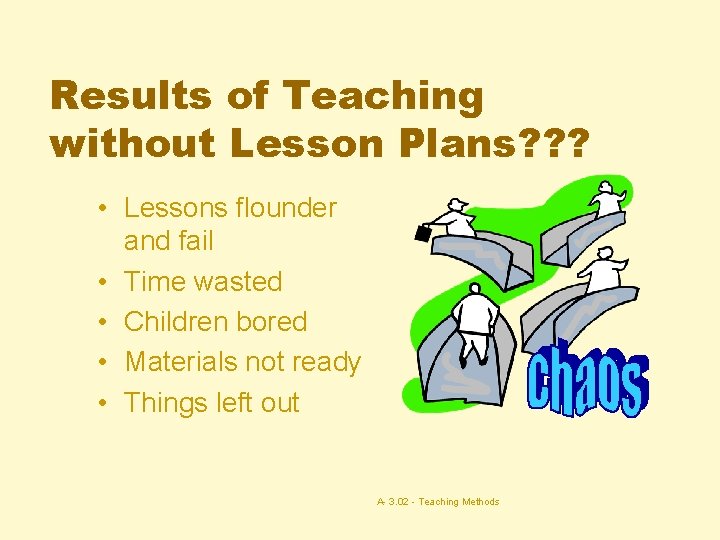 Results of Teaching without Lesson Plans? ? ? • Lessons flounder and fail •