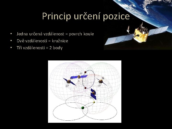 Princip určení pozice • Jedna určená vzdálenost = povrch koule • Dvě vzdálenosti =