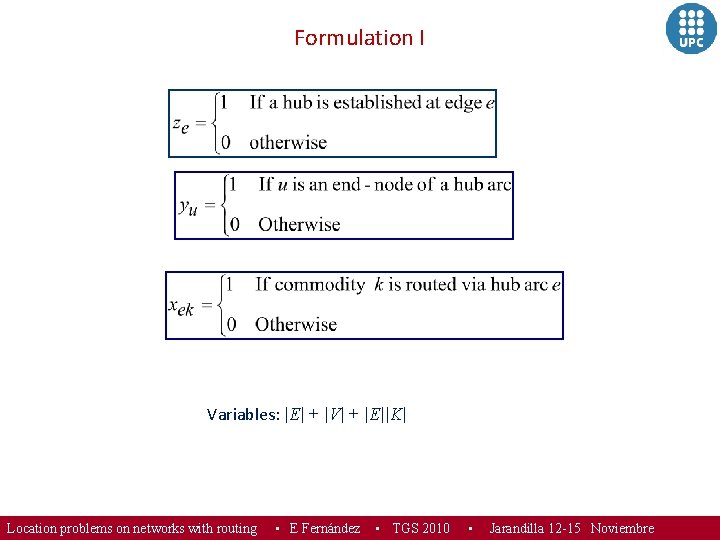 Formulation I Variables: |E| + |V| + |E||K| Location problems on networks with routing
