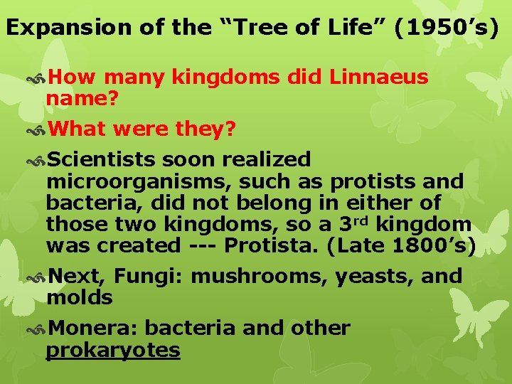 Expansion of the “Tree of Life” (1950’s) How many kingdoms did Linnaeus name? What Expansion of the “Tree of Life” (1950’s) How many kingdoms did Linnaeus name? What