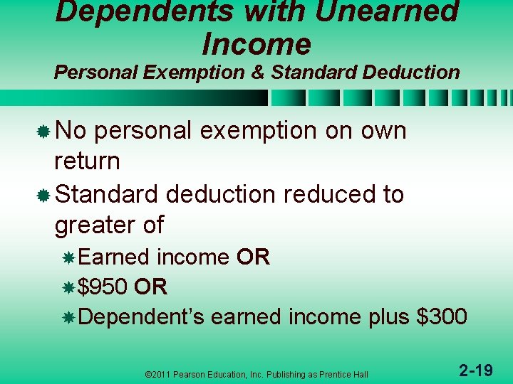 Dependents with Unearned Income Personal Exemption & Standard Deduction ® No personal exemption on