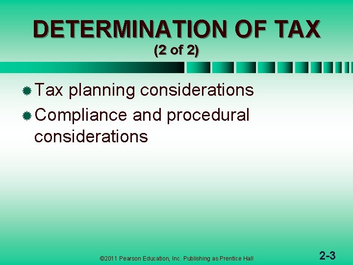 DETERMINATION OF TAX (2 of 2) ® Tax planning considerations ® Compliance and procedural