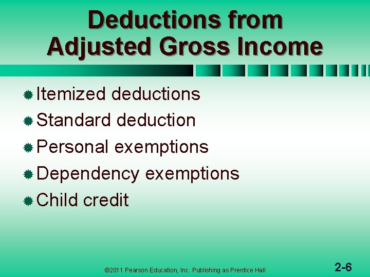 Deductions from Adjusted Gross Income ® Itemized deductions ® Standard deduction ® Personal exemptions