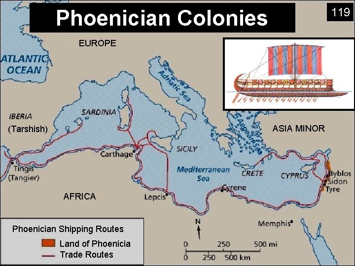 119 Phoenician Colonies EUROPE ASIA MINOR (Tarshish) AFRICA Phoenician Shipping Routes Land of Phoenicia