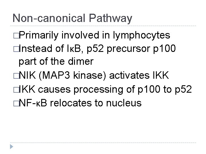 Non-canonical Pathway �Primarily involved in lymphocytes �Instead of IκB, p 52 precursor p 100
