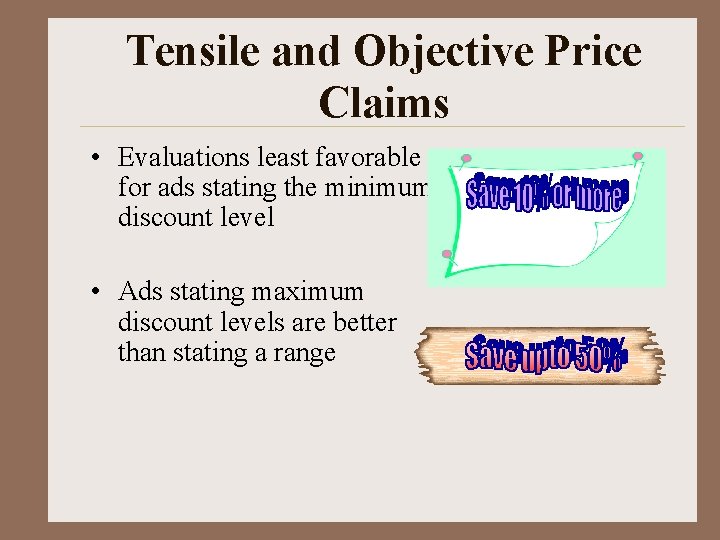 Tensile and Objective Price Claims • Evaluations least favorable for ads stating the minimum
