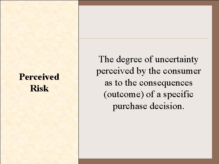 Perceived Risk The degree of uncertainty perceived by the consumer as to the consequences