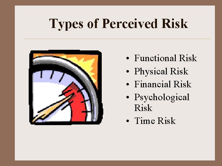 Types of Perceived Risk • • Functional Risk Physical Risk Financial Risk Psychological Risk