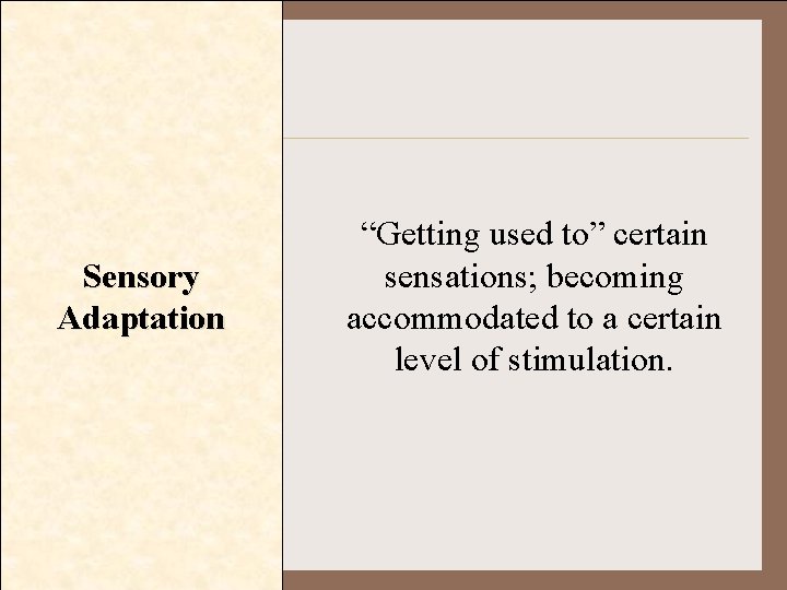 Sensory Adaptation “Getting used to” certain sensations; becoming accommodated to a certain level of