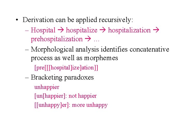  • Derivation can be applied recursively: – Hospital hospitalize hospitalization prehospitalization … –