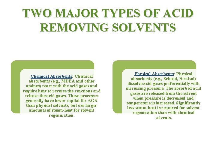 TWO MAJOR TYPES OF ACID REMOVING SOLVENTS Chemical Absorbents: Chemical absorbents (e. g. ,